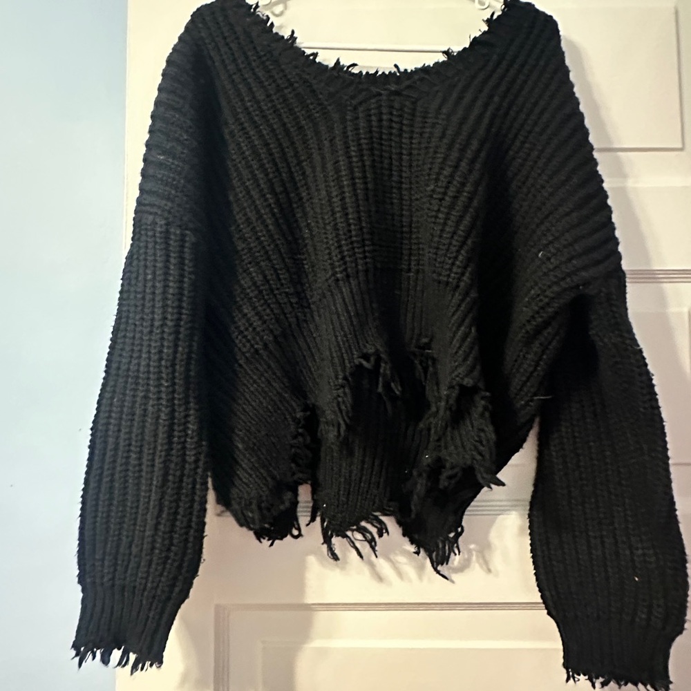 Black Distressed Knit Sweater